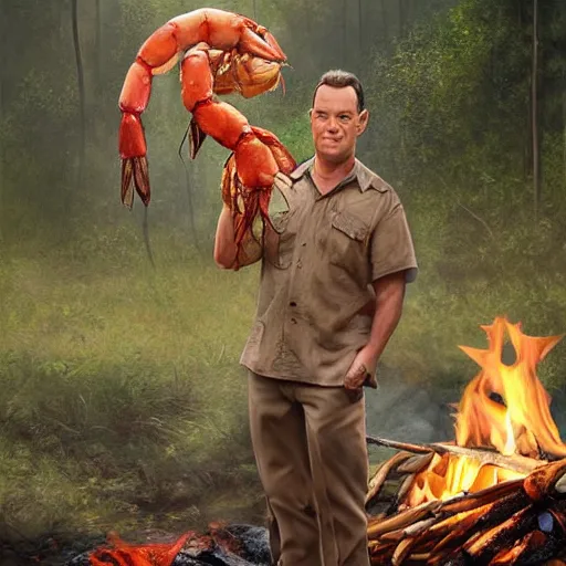 Image similar to Tom Hanks as forrest holding a giant shrimp over a campfire in the jungle, realistic digital painting, in the style of Aleksi Briclot, photoreailstic, realistic face, amazing detail, sharp