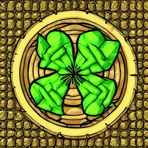 Prompt: four-leaf clover in a bear trap, chunky low poly graphics crosshatch shading, limited colors