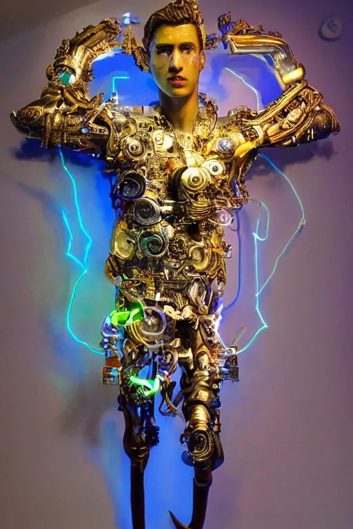 Prompt: full-body bladerunner style sculpture of a young handsome Latino prince as a half cibernetic android with a chest opening exposing circuitry and electric sparks, glowing laser beam eyes, crown of giant diamonds, flowing neon-colored silk, fabric, raptors. baroque elements. full-length view. baroque element. intricate artwork by caravaggio. reflective surfaces. Trending on artstation, octane render, cinematic lighting from the right, hyper realism, octane render, 8k, depth of field, 3D