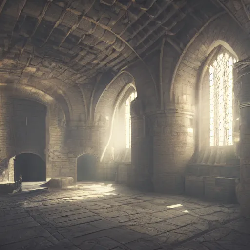 Image similar to ultra mega super hyper realistic Digital concept interior design of castle in futuristic style mixed with medieval style. More cyberpunk less medieval. Natural white sunlight from the transperient roof. Rendered in VRAY and DaVinci Resolve and MAXWELL and LUMION 3D, Volumetric natural light