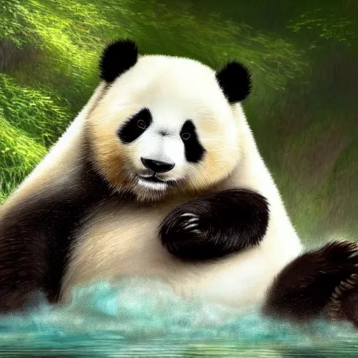 Image similar to Epic portrait an fluffy cute panda playing with water near a green river, nature, digital painting, artstation, concept art, soft light, hdri, smooth, sharp focus, illustration, fantasy, intricate, elegant, highly detailed, D&D, matte painting, in the style of Greg Rutkowski and Alphonse Mucha and artemisia, 8k, highly detailed, jurgens, rutkowski, bouguereau, pastoral, rustic, georgic, detailed concept art, illustration, colorful pastel, painting, detail, ultra detailed, digital art, 4K,