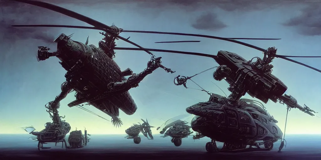 Prompt: an armored helicopter by wayne barlowe and duchamp, simon bisley, syd mead, rococo, boris vallejo, sharp focus, trending on artstation, cinematic lighting, hyper realism, octane render, 8 k, hyper detailed, vivid, ultra detailed, highly detailed
