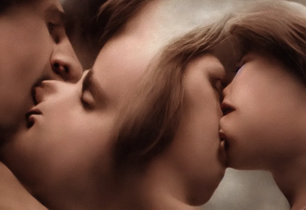 Prompt: Close-up art house film still of a passionate kiss, photorealism, cinematic atmosphere, high details, sharp focus