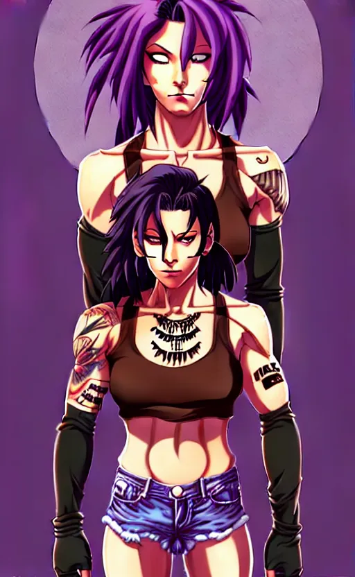 Image similar to a portrait of revy from black lagoon, dilraba dilmurarevy, smirk, black tank top, jean shorts, brown eyes, purple hair, tribal tattoos right arm sleeve, symmetrical eyes, symmetrical face, art by lois van baarle and loish and ross tran and rossdraws and sam yang and artgerm