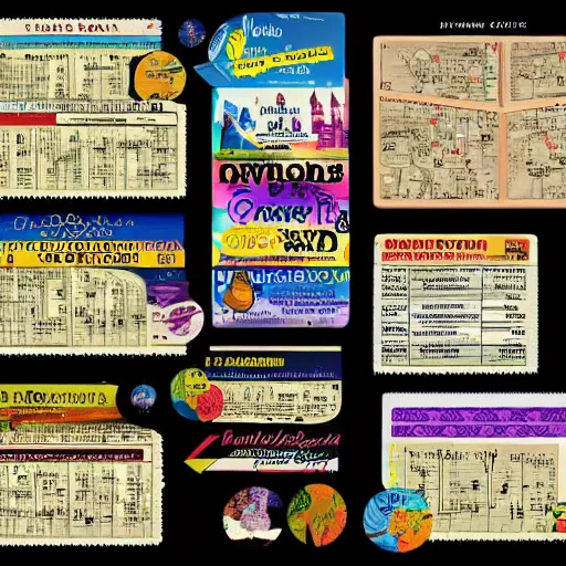 Prompt: musical multiverse map and travel guide, disneyland, labels, coupons, pencil and gouache