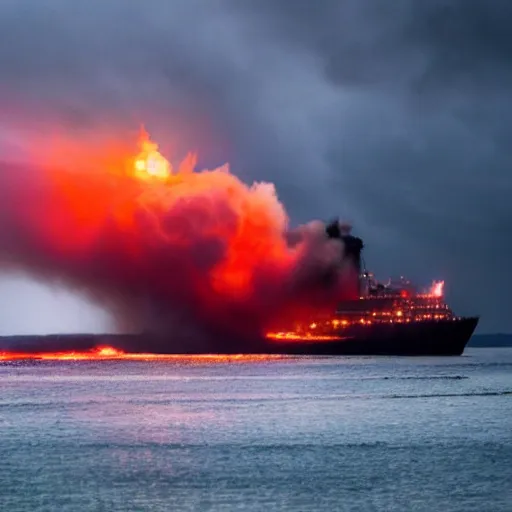 Prompt: large ship being tossed about in a fiery storm in the sea, dark, low light, terrifying, beautiful