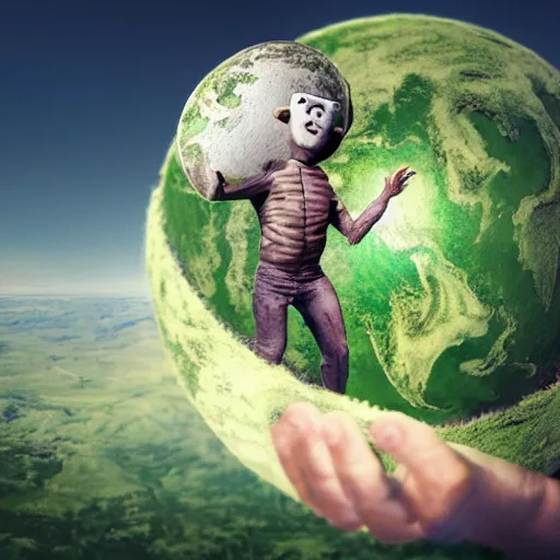 Image similar to Monster holding Earth in hand, we see his face from space, unimaginably huge, beautiful details, HDR, octane render