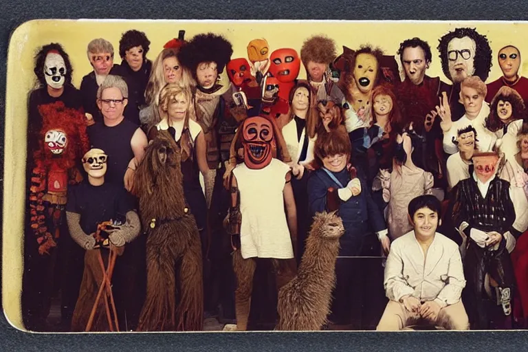 Image similar to tintype photo of a group of people, zippy from rainbow childrens tv show, harry hill, darth maul, edward scissorhands, princess diana, giant seahorse, frankie boyle, jackie chan, mr hedgehog, jessica rabbit, maradona. everyone is standing behind a llama