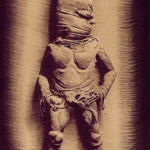 Prompt: photo of an ancient mummy that looks like sonic the hedgehog