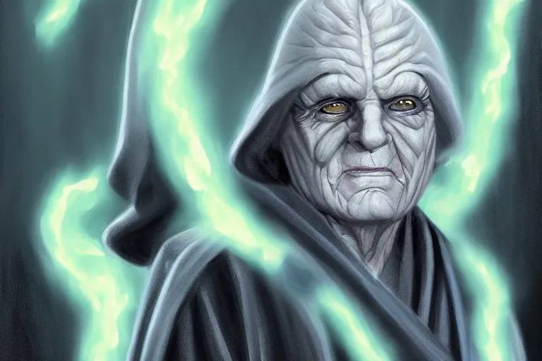 Image similar to emperor palpatine in robes, high detail, digital painting, clear focus, concept art,