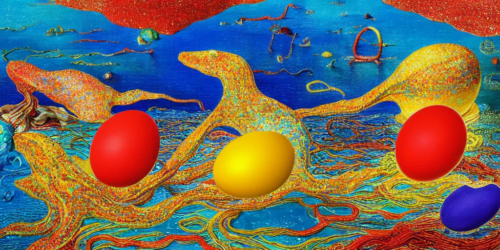 Prompt: red, yellow, blue sea creatures holding each other, eggs | shimmery, glittery, metallic, complex, intricate, textured | wide open vista view | gouche on paper by salvador dali by raqib shaw | 8 k