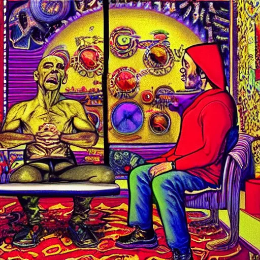 Image similar to Joe Rogan interviewing a psychedelic-DMT, surrealist clock-work Elf, famous painting by R. Crumb and Walt Disney