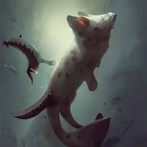 Image similar to cute cat with shark tail, smooth, artstation, digital illustration by Ruan Jia and Mandy Jurgens and Artgerm and Wayne Barlowe and Greg Rutkowski and Zdislav Beksinski