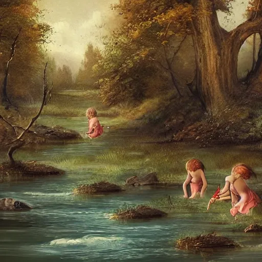 Image similar to medieval childs playing in a river, artwork, fantasy, nature, forest