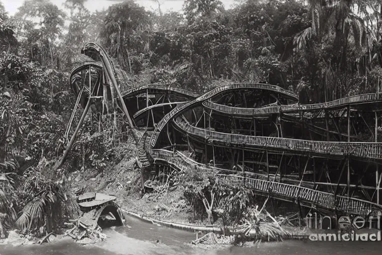 Prompt: a 1 9 0 5 colonial closeup photograph of a rollercoaster in a village at the river bank of congo, thick jungle, scary, evil looking, wide angle shot