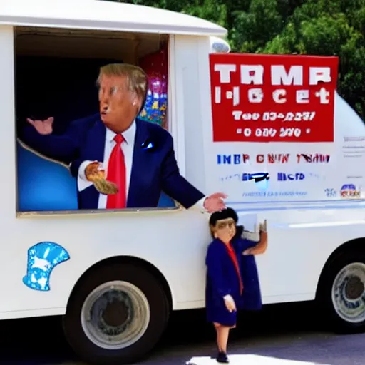 Prompt: donald trump in an ice cream truck giving ice cream to children