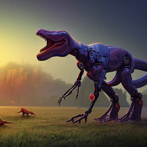 Prompt: a character art rendering of a robot T-rex made of mechanical parts, cartoonish psychedelic paleoart rendering, realistic dinosaur cyborg in the style of simon stålenhag, made with zbrush