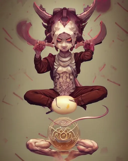 Image similar to a tiny cute demon floating while meditating and wrapped in sacred scrolls, smooth, intricate, elegant, digital painting, artstation, power runes, pulsing energy, concept art, sharp focus, octane render, illustration, art by shintaro kago and josan gonzalez, overwatch character,