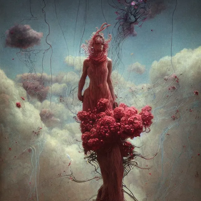 Prompt: A woman wearing clothes made out of thunder clouds and flowers, people floating in the sky, apocalypse, red skin, Masterpiece, glowing, wires everywhere, by Edgar Maxence and Ross Tran, Zdzisław Beksiński, and Michael Whelan, distant, gustav dore, H.R. Giger, 8k, octane render