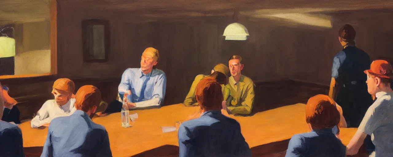 Image similar to a group of gen z friends sitting around talking about climate change while drinking old fashions, one of the friends is standing in preaching, in the style of an edward hopper painting