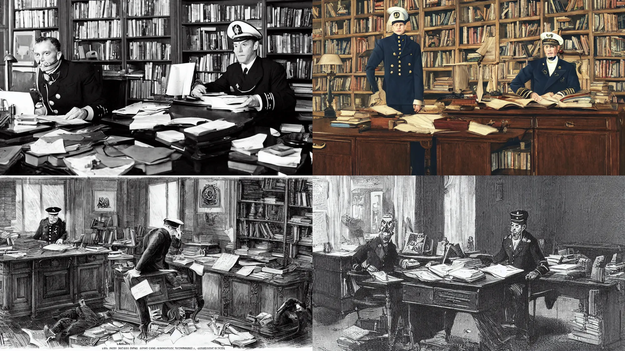 Prompt: A naval captain, at his desk, lots of books, zombie secretary