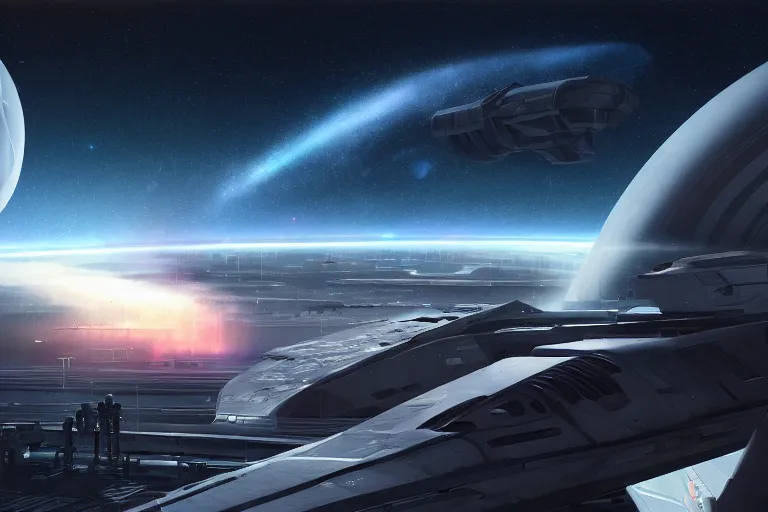 Image similar to a distant futuristic military installation, on the horizon, sleek, menacing, glowing lighting and neon signs, Raymond Swanland and Jessica Rossier nebula like clouds in space background near a ringed gas giant, hyper detailed hyper detailed, 8k, ultra realistic, cinematic lighting, ultra wide 35mm lens, Boeing Concept Art, Lockheed concept art