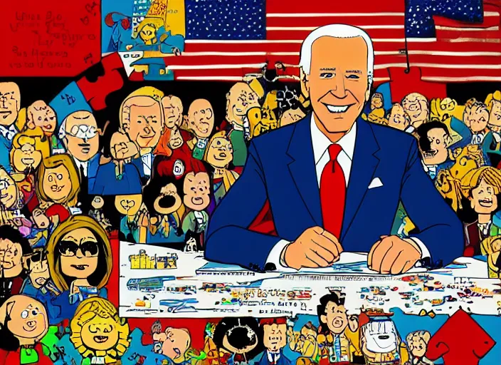 Image similar to joe biden, a jigsaw puzzle by charles schulz, behance contest winner, naive art, official art, colorized, digitally enhanced