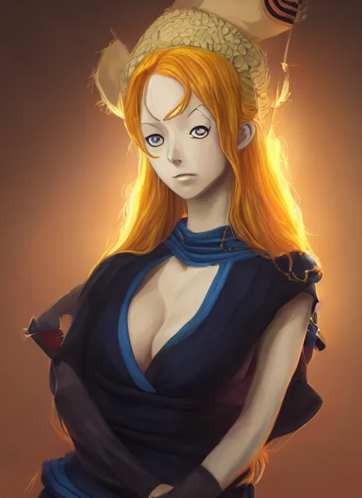 Image similar to a portrait of Nami from One Piece if she was real, wearing a traditional kunoichi dress, intricate, highly detailed, digital painting, artstation, concept art, smooth, sharp focus, illustration, art by Charlie Bowater and Gustave Baumann, matte painting