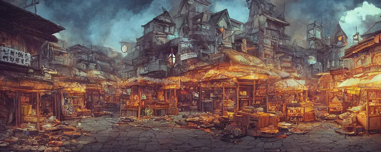 Prompt: “The eerie, forlorn atmosphere of a marketplace that is usually bustling with people but is now destroyed by wildfire in the style of studio ghibli, fantasy book illustration 8k movie poster, cinematic composition, ultra detailed, HDR shot, bright colours, happy faces”