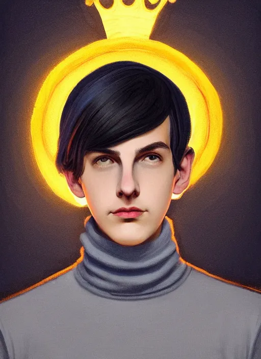 Prompt: portrait of teenage jughead jones wearing a light grey crown, crown, blue turtleneck, 1 9 5 0 s, closed eyes, photorealistic, black hair, glowing lighting, intricate, elegant, glowing lights, highly detailed, digital painting, artstation, concept art, smooth, sharp focus, illustration, art by wlop, mars ravelo and greg rutkowski