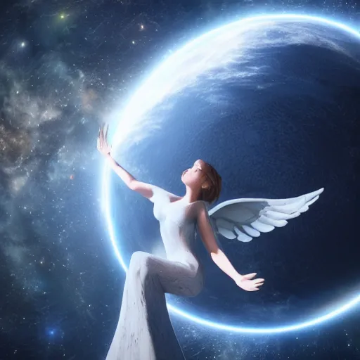 Image similar to a giant angel holding the world in the palm of its hand standing in front of the galaxy, 4 k, unreal engine 6, ultra realistic, coherent,