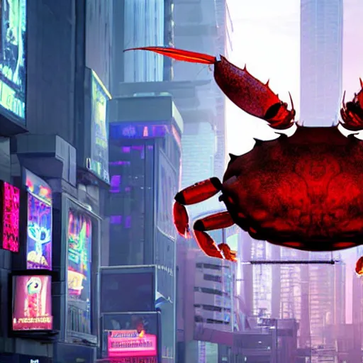 Prompt: a gigantic crab wears a crown roaming in a cyberpunk city, ultrarealistic