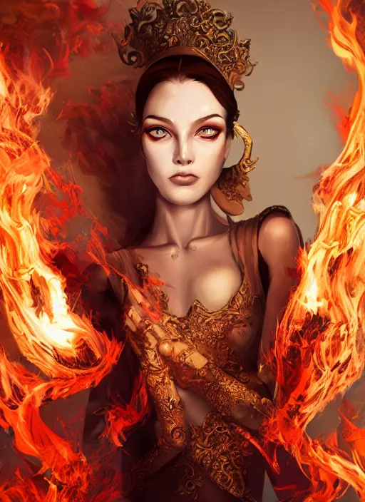 Image similar to 3d fashion portrait with fire, female, future, torch, flame, harper's bazaar, vogue, fashion magazine, intricate, concept art, close up, ornate, luxury, elite, elegant, trending on artstation, by ruan jia, by Kenneth Willardt, by ross tran, by WLOP, by Andrei Riabovitchev,