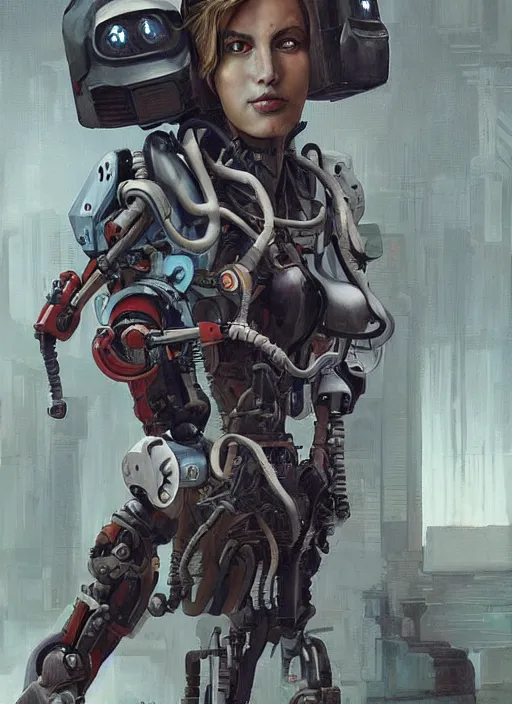 Prompt: An epic fantastic realism graphic novel cover style painting of a beautiful girl, riding on the shoulders, of a robot with four arms, robotics, short pigtails hair, cyberpunk, Concept world Art, ultrarealistic, hyperrealistic, dynamic lighting by Paolo Eleuteri Serpieri