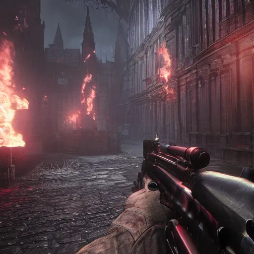 Prompt: looking down rifle in first person shooter bloodborne, background out of focus, flames