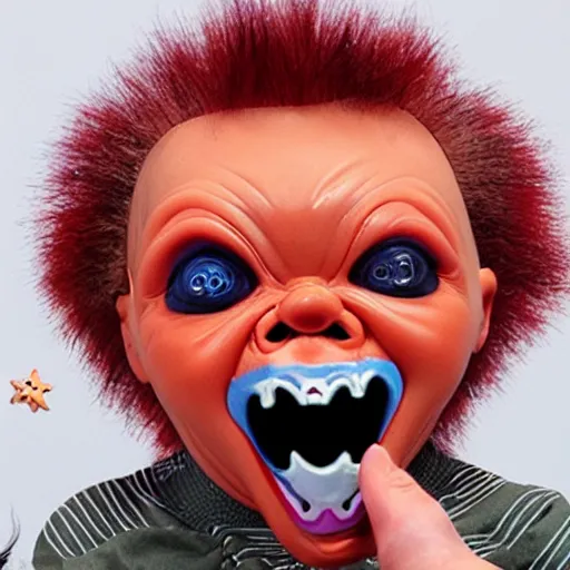 Prompt: fireworks that look like a screaming chucky doll