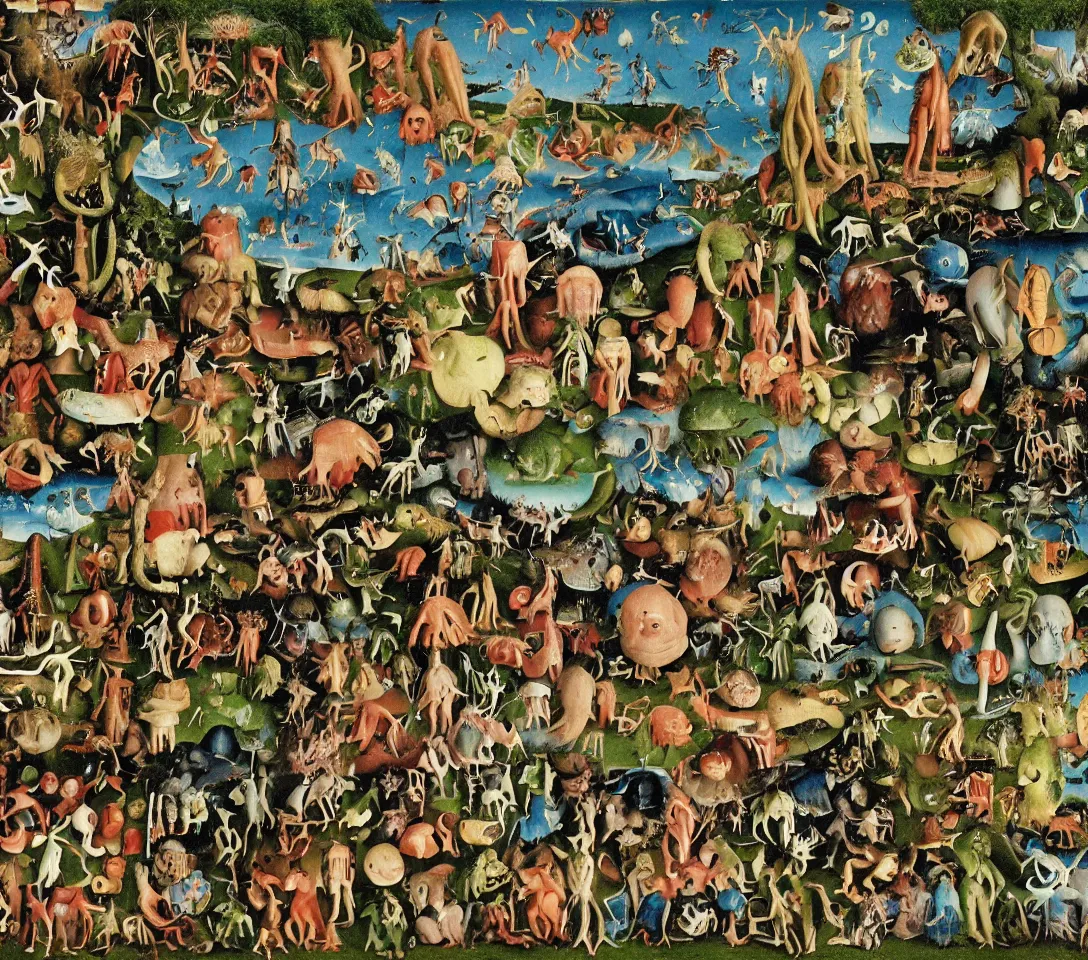 Image similar to 3 5 mm phtography, kodachrome of grandparents with alien, creatures and alien plants with garden of earthly delights bosch style