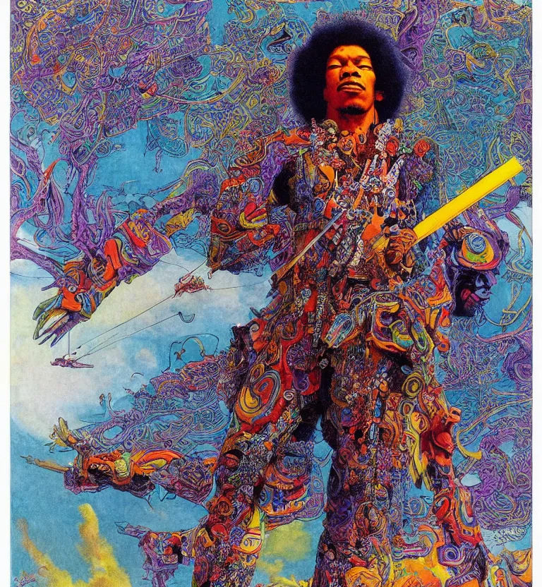 Prompt: colourful afrofuturist biomorphic, jimi hendrix full body, by pascal blanche and moebius and roger dean and giger and arthur rackham and syd mead and james jean and beksinski and greg hildebrandt, 8 k