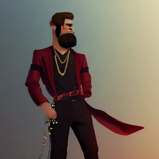 Image similar to a highly detailed full-length man with dark brown short hair, a dark beard, in black and red clothes, with a gold chain and a gold belt, artstation, DeviantArt, professional, octane render