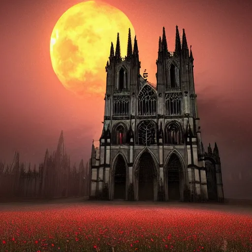 Prompt: A Gothic cathedral in a field of flowers, A huge red moon shines over the earth in the style of gustav doré.highly realistic, hyper detailed,cinematic,4k,digital art,unreal engine 5,epic lighting by greg rutkowski