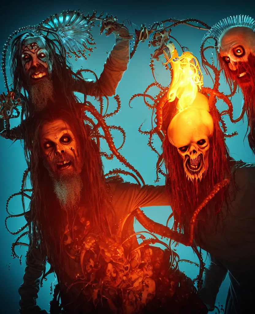 Image similar to Rob Zombie and Captain Spalding (The Devils Rejects), epic angle and pose, symmetrical artwork, 3d with depth of field, blurred background, cybernetic jellyfish female face skull phoenix bird, translucent, nautilus, energy flows of water and fire. a highly detailed epic cinematic concept art CG render. made in Maya, Blender and Photoshop, octane render, excellent composition, cinematic dystopian brutalist atmosphere, dynamic dramatic cinematic lighting, aesthetic, very inspirational, arthouse. y Greg Rutkowski, Ilya Kuvshinov, WLOP, Stanley Artgerm Lau, Ruan Jia and Fenghua Zhong