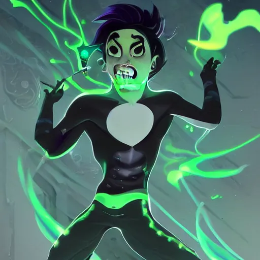 Prompt: A digital matte intricate illustration concept art of young Danny phantom with glowing green eyes and sharp teeth alt art fashion inspired art by Charlie Bowater and Artgerm and Mark Arian and Ross Tran + neon colors, wakfu colors + symmetry + greco-roman art, intricate complexity, epic composition, magical atmosphere, highly detailed, cinematic lighting + masterpiece, trending on artstation + 8k