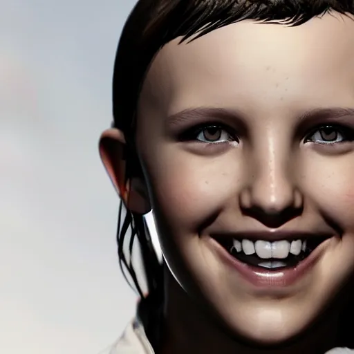 Image similar to Portrait of Millie Bobby Brown smiling by Yoji Shinkawa, octane render