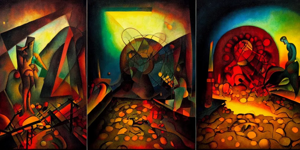 Image similar to trapped on a hedonic treadmill, dark uncanny surreal painting by ronny khalil, and kandinsky, dramatic lighting from fire glow, mouth of hell, ixions wheel