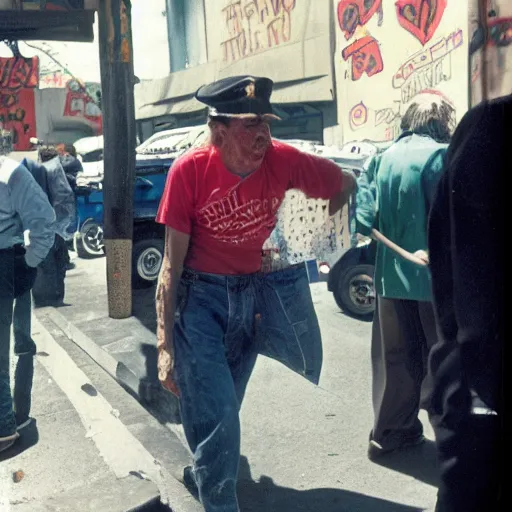 Prompt: Emaciated Donald Trump unconscious on skid row open air drug market overdose, 35mm, outdoors, kodachrome