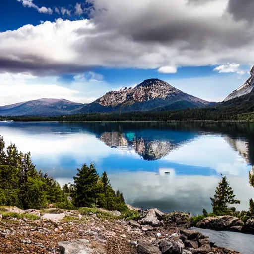 Image similar to beautiful still lake with reflective water,rocks in water, low mountains and beautiful far clouds