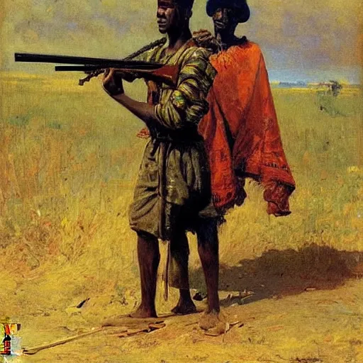 Prompt: igbo soldier armed with a rifle soldier, 1885, bright colors oil on canvas, by Ilya Repin