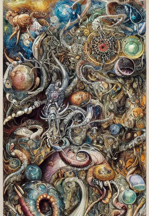 Image similar to simplicity, colorful muscular eldritch bodies and mollusks and crabs radiating around fractal, mandala white bones, colorful gems, brush pen, by h. r. giger and esao andrews and maria sibylla merian eugene delacroix, gustave dore, thomas moran, pop art, chiaroscuro, biopunk, art nouveau