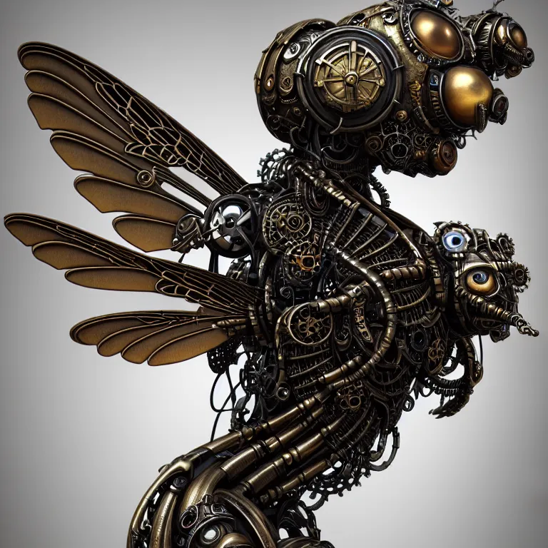 Image similar to steampunk cybernetic biomechanical bee with wings, 3 d model, very coherent symmetrical artwork, unreal engine realistic render, 8 k, micro detail, intricate, elegant, highly detailed, centered, digital painting, artstation, smooth, sharp focus, illustration, artgerm, tomasz alen kopera, wlop