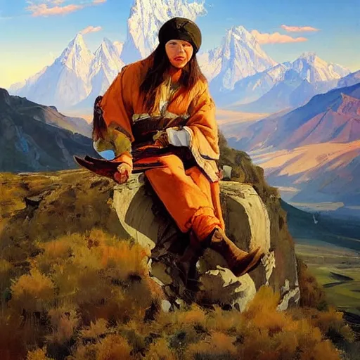 Image similar to greg manchess painting of eagle hunter sitting on the background of mountains in kyrgyzstan, medium shot, asymmetrical, organic painting, sunny day, matte painting, bold shapes, hard edges, street art, trending on artstation, by huang guangjian and gil elvgren and sachin teng